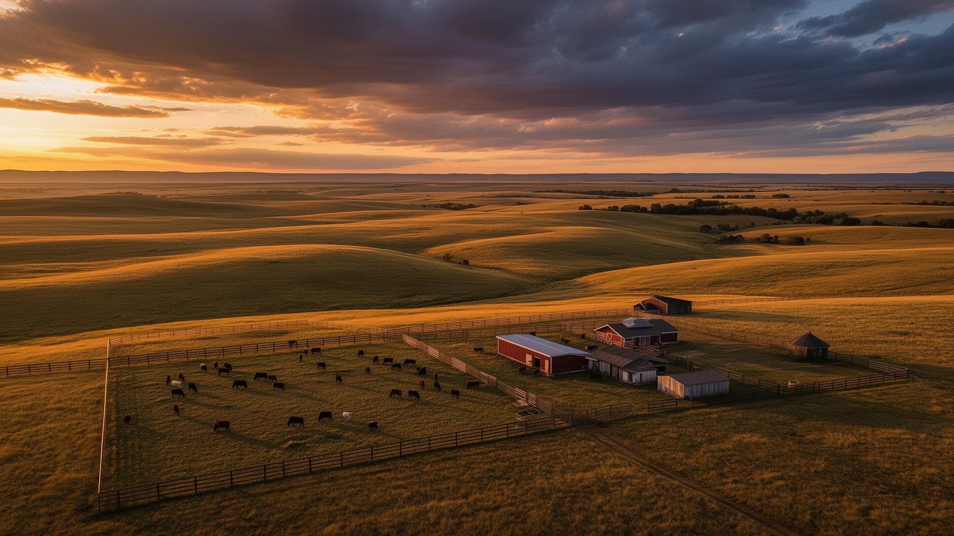 Aerial ranch land at sunset