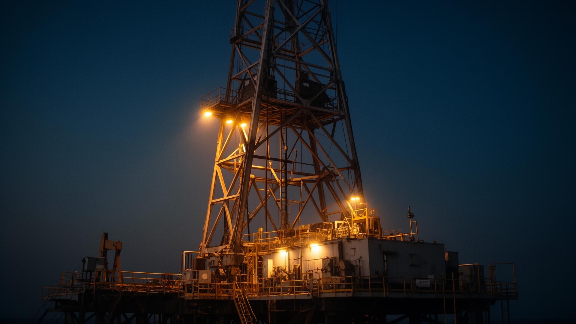 Close-up of onshore drilling rig infrastructure at dusk