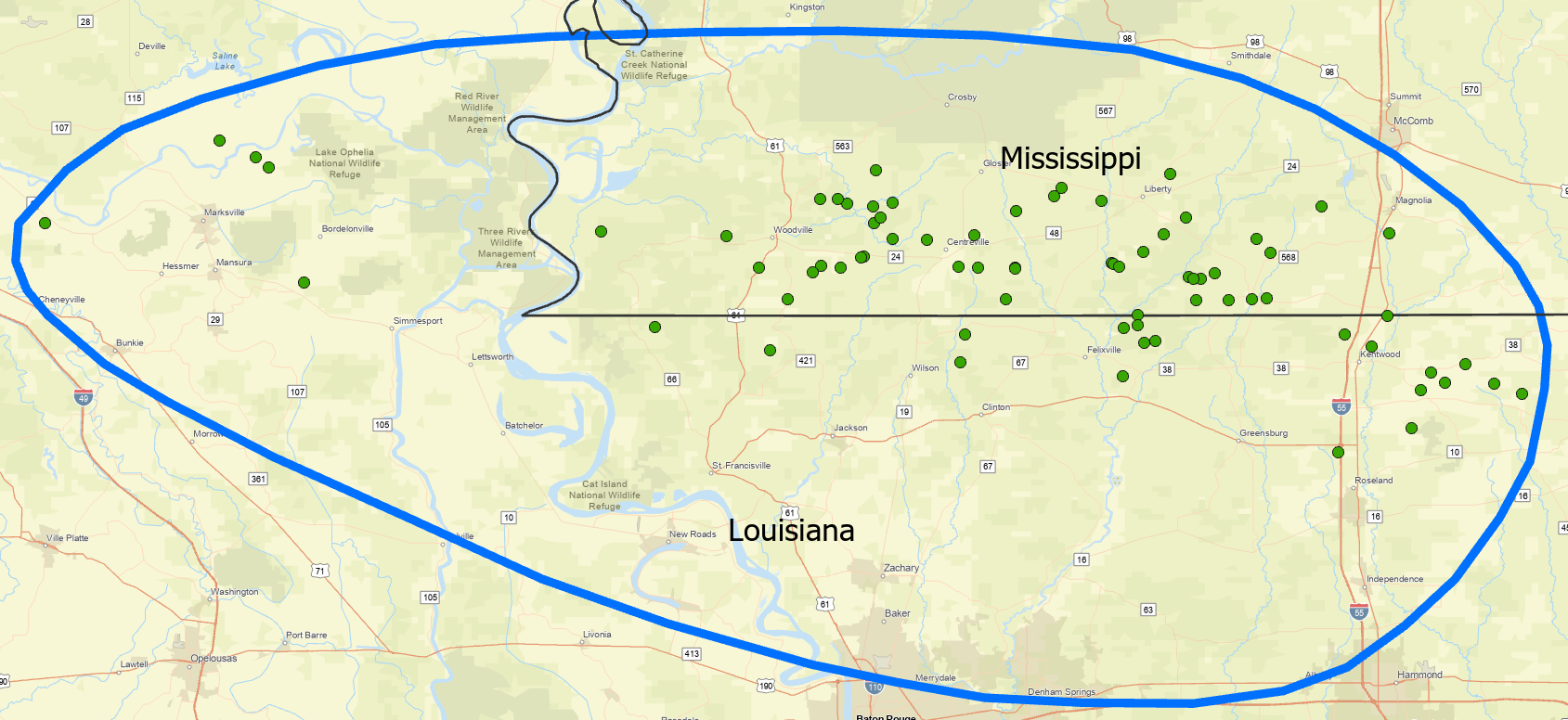 TMS producing wells map — 90-well program across Louisiana and Mississippi